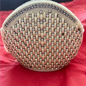 Artisan Beaded Ivory Evening Clutch with Rhinestone Detail